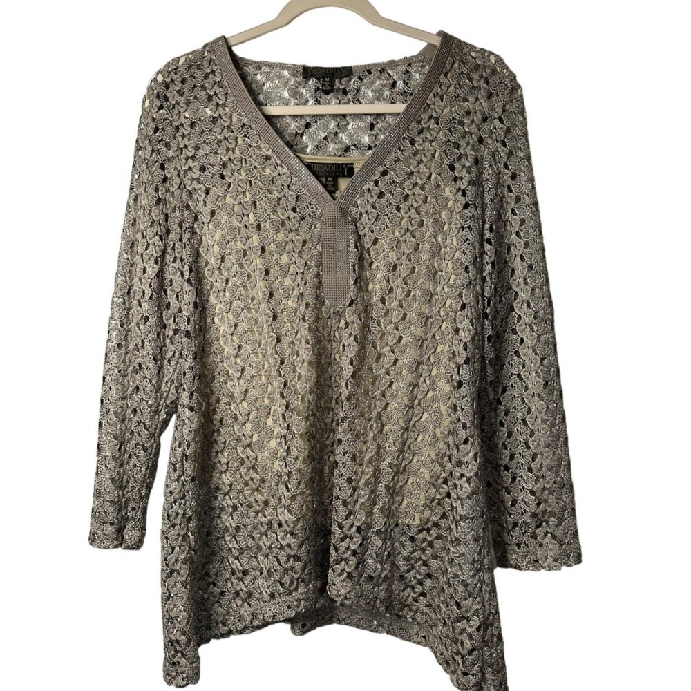 PICADILLY Fashions Silver Open Knitwear Sweater Top Women M Long Sleeve Cover-Up